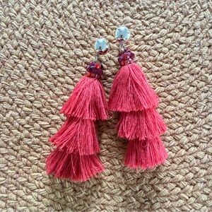 Red and Gold Beaded Tassel Statement Earrings